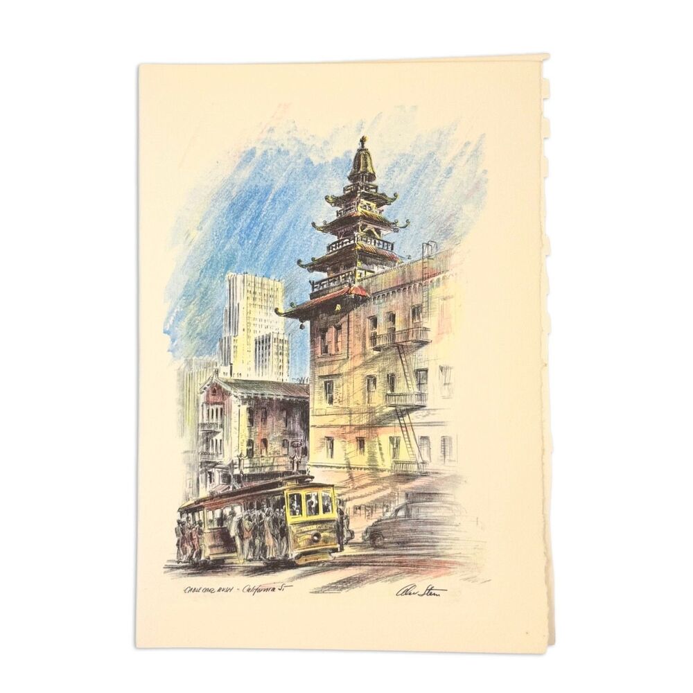 Vintage Alec Stern San Francisco Color Art Print "Cable Car Rush" California 6x8